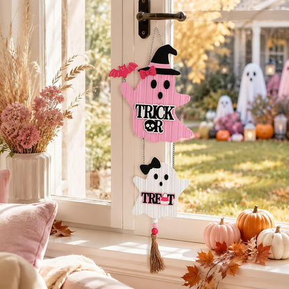 Pink Halloween Decor, Cute Halloween Door Wreath Decorations, Ghost with Witch Hat Wooden Hanging Sign for Wall Window Door Handle, 16 inch