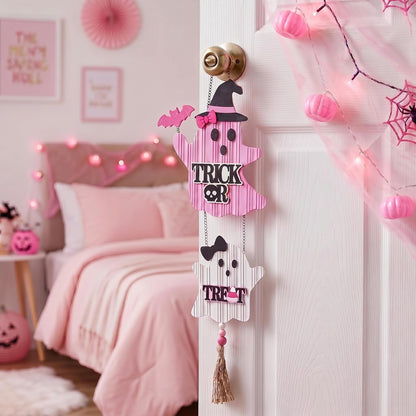 Pink Halloween Decor, Cute Halloween Door Wreath Decorations, Ghost with Witch Hat Wooden Hanging Sign for Wall Window Door Handle, 16 inch
