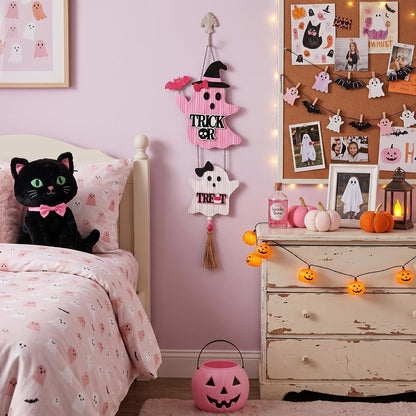 Pink Halloween Decor, Cute Halloween Door Wreath Decorations, Ghost with Witch Hat Wooden Hanging Sign for Wall Window Door Handle, 16 inch