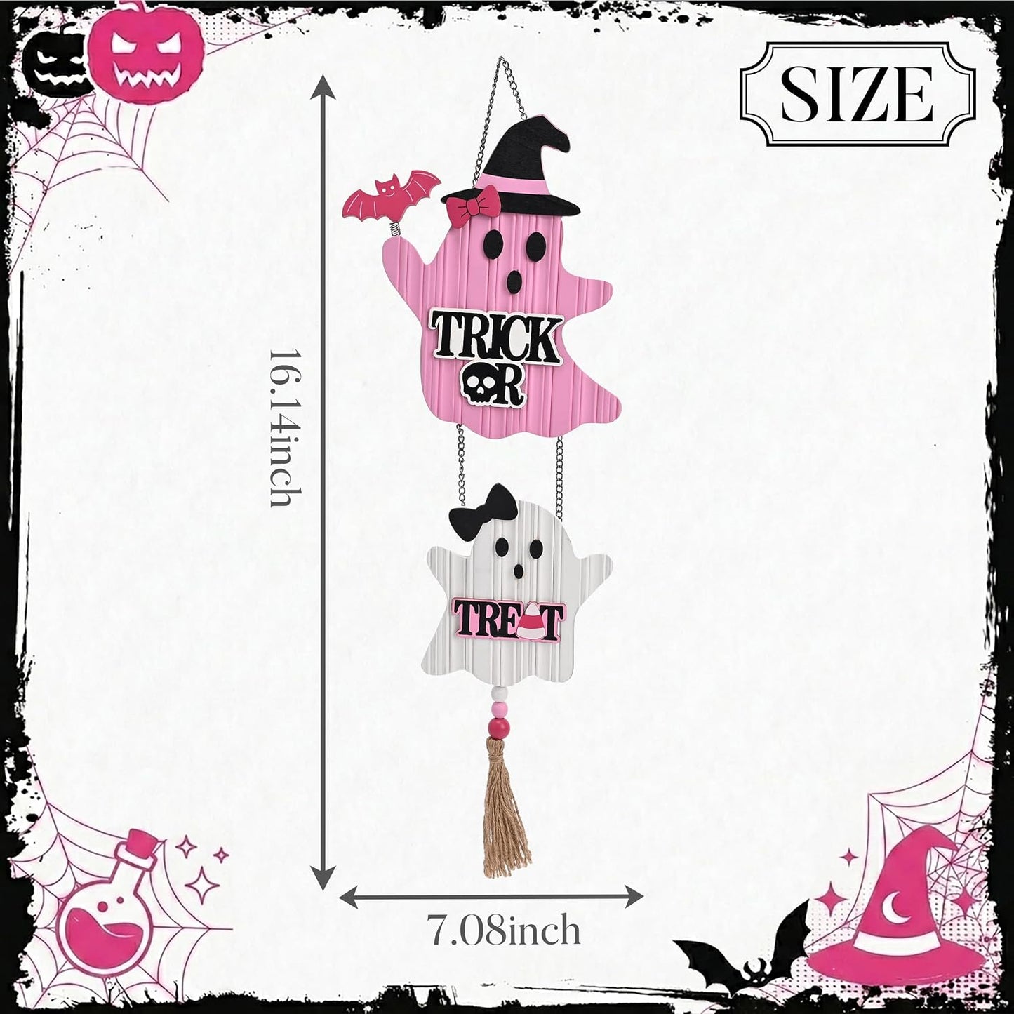 Pink Halloween Decor, Cute Halloween Door Wreath Decorations, Ghost with Witch Hat Wooden Hanging Sign for Wall Window Door Handle, 16 inch