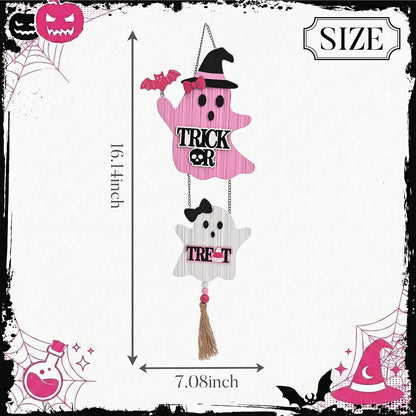 Pink Halloween Decor, Cute Halloween Door Wreath Decorations, Ghost with Witch Hat Wooden Hanging Sign for Wall Window Door Handle, 16 inch