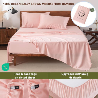 King Sheets, 100% Viscose Made from Bamboo Sheet Set, Cooling, Head Foot Tags with 16” Deep Pocket, Luxuriously Soft 4 Piece Bed Sheet Set (Light Pink, King)
