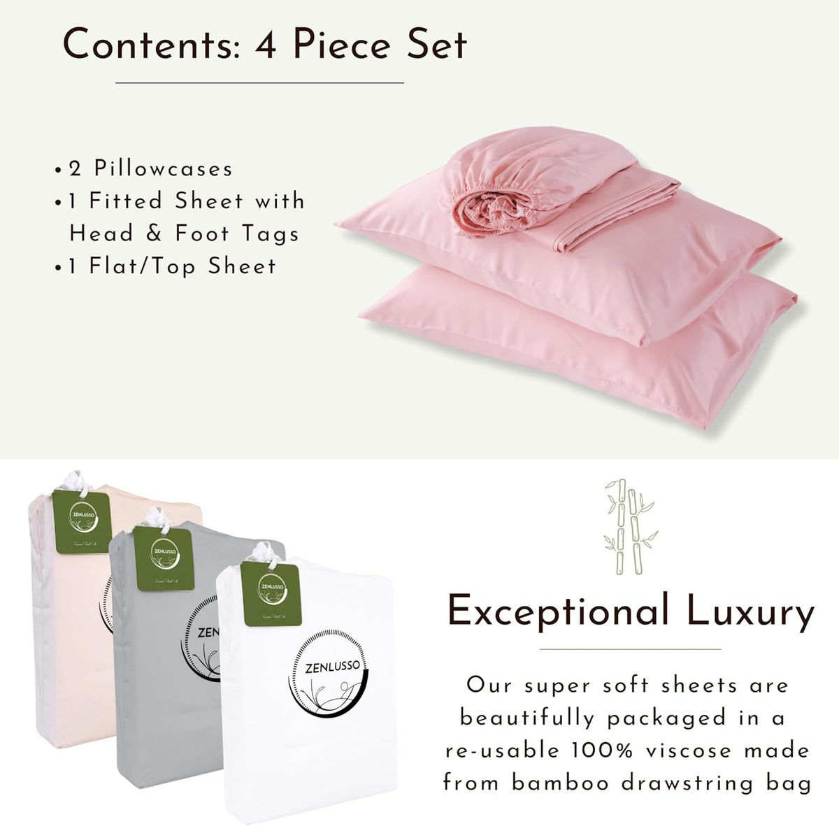 King Sheets, 100% Viscose Made from Bamboo Sheet Set, Cooling, Head Foot Tags with 16” Deep Pocket, Luxuriously Soft 4 Piece Bed Sheet Set (Light Pink, King)