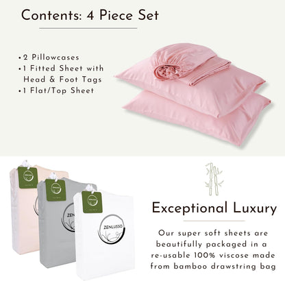 King Sheets, 100% Viscose Made from Bamboo Sheet Set, Cooling, Head Foot Tags with 16” Deep Pocket, Luxuriously Soft 4 Piece Bed Sheet Set (Light Pink, King)