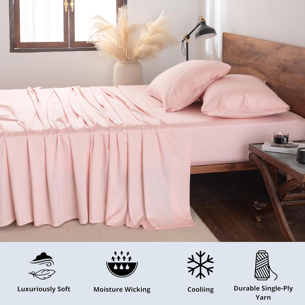 King Sheets, 100% Viscose Made from Bamboo Sheet Set, Cooling, Head Foot Tags with 16” Deep Pocket, Luxuriously Soft 4 Piece Bed Sheet Set (Light Pink, King)
