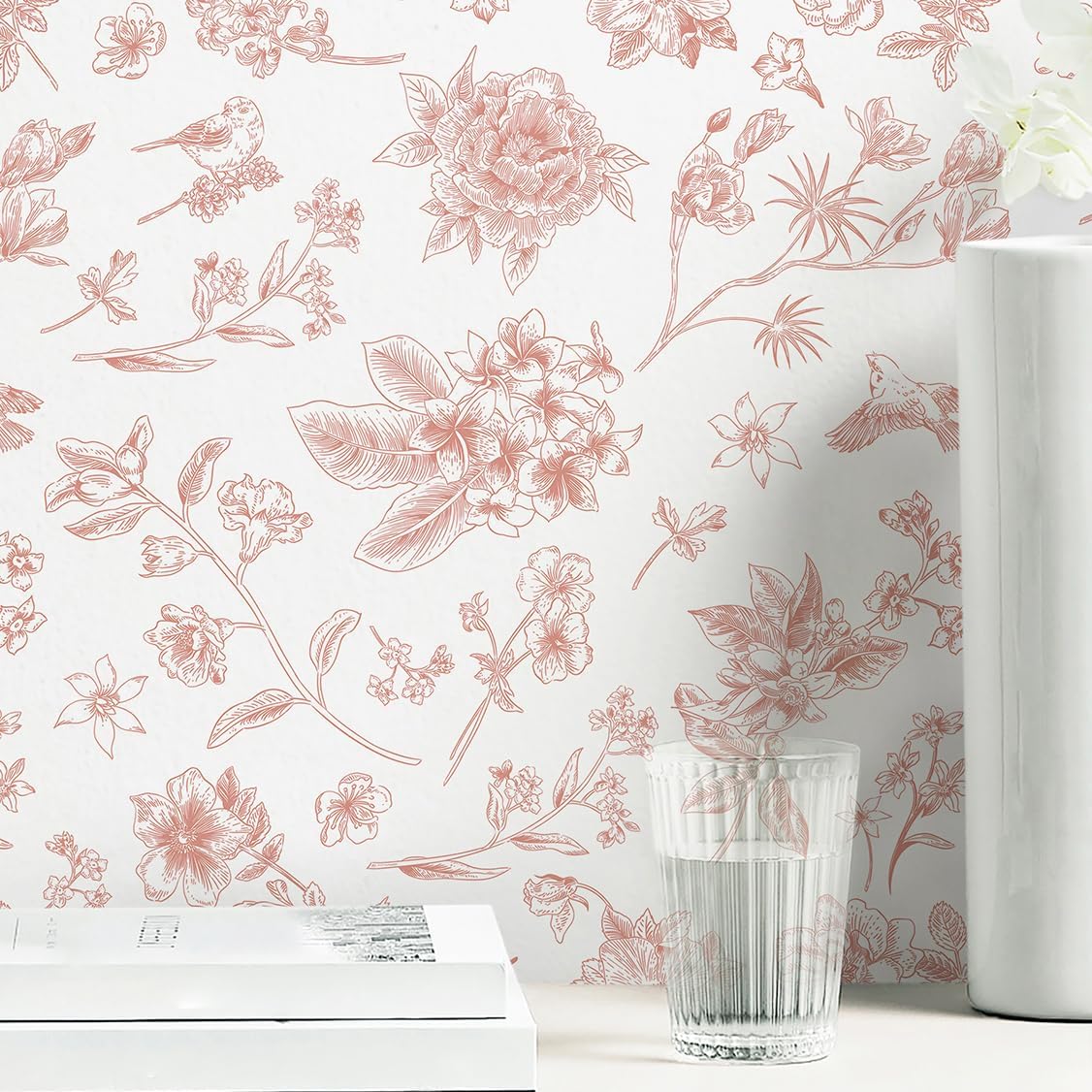 118"x17.3" Pink Floral Wallpaper Peel and Stick Wall Paper Removable Self Adhesive Wallpaper for Bedroom Bathroom Flowers Birds Contact Paper for Cabinets Walls Vinyl Rolls