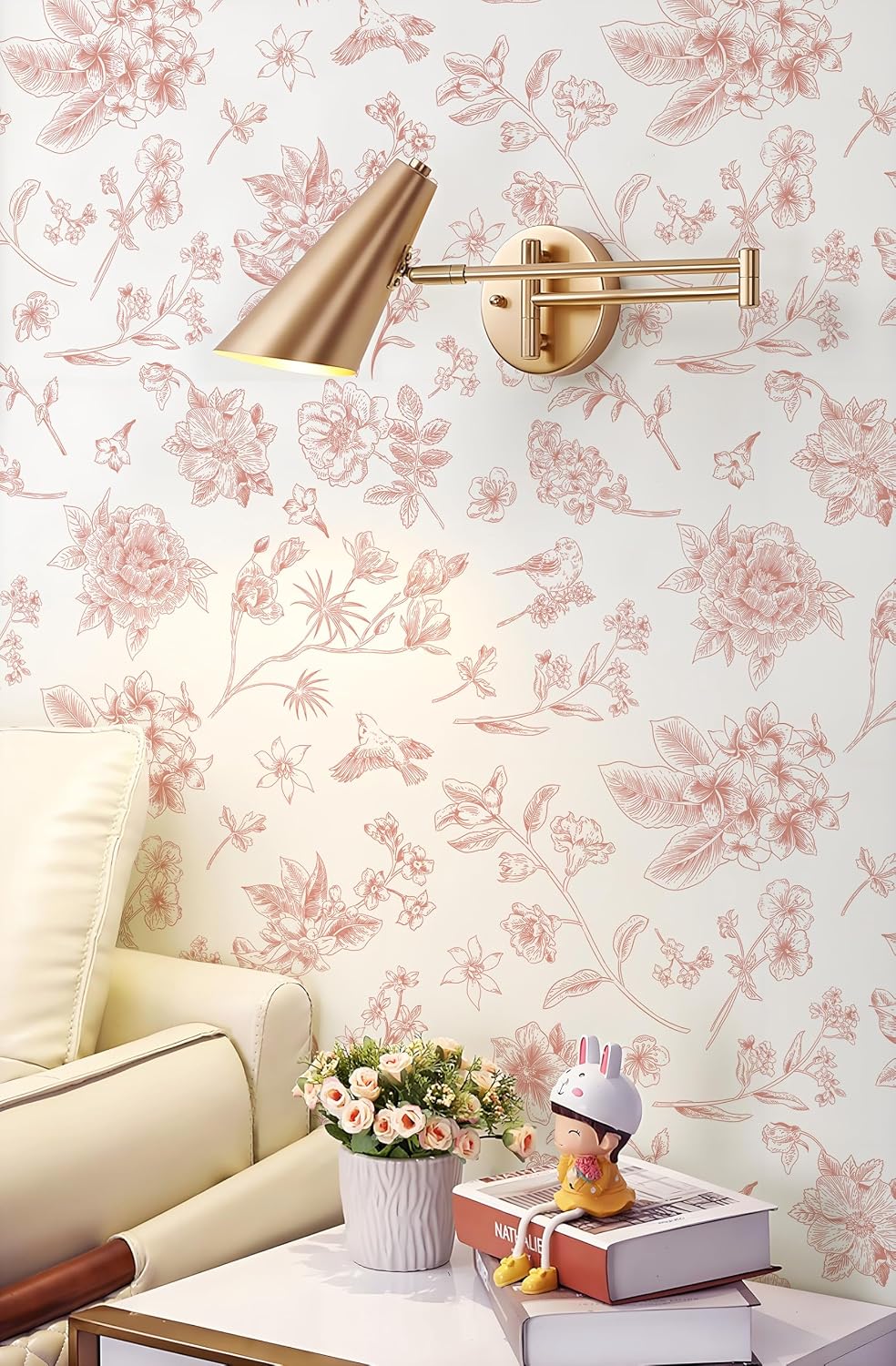 118"x17.3" Pink Floral Wallpaper Peel and Stick Wall Paper Removable Self Adhesive Wallpaper for Bedroom Bathroom Flowers Birds Contact Paper for Cabinets Walls Vinyl Rolls