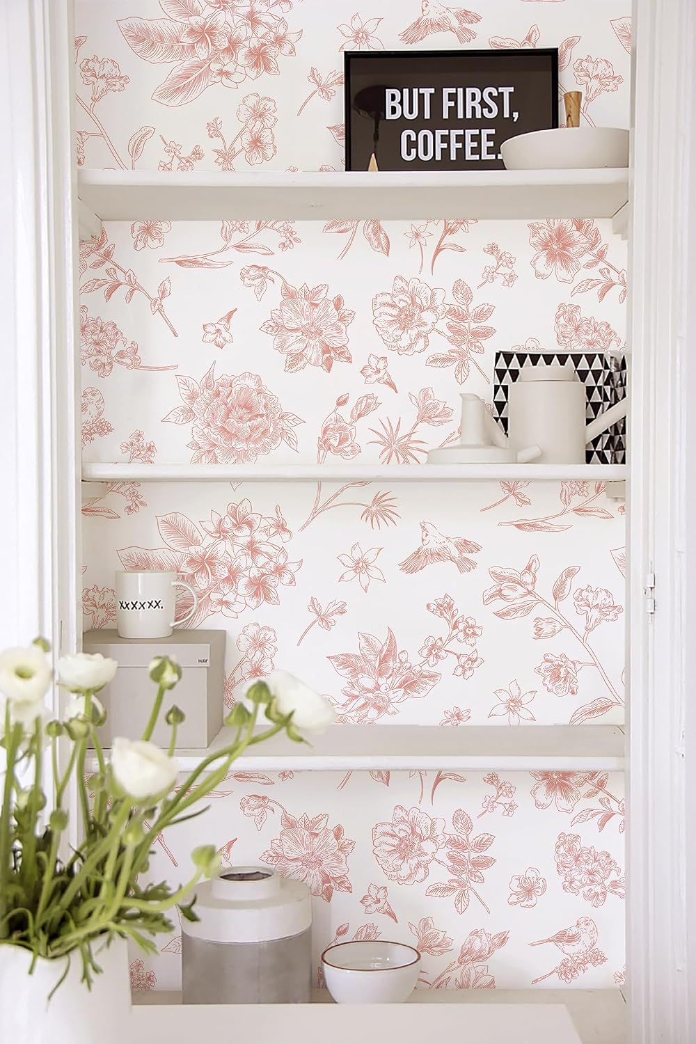 118"x17.3" Pink Floral Wallpaper Peel and Stick Wall Paper Removable Self Adhesive Wallpaper for Bedroom Bathroom Flowers Birds Contact Paper for Cabinets Walls Vinyl Rolls
