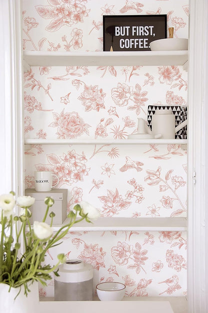 118"x17.3" Pink Floral Wallpaper Peel and Stick Wall Paper Removable Self Adhesive Wallpaper for Bedroom Bathroom Flowers Birds Contact Paper for Cabinets Walls Vinyl Rolls