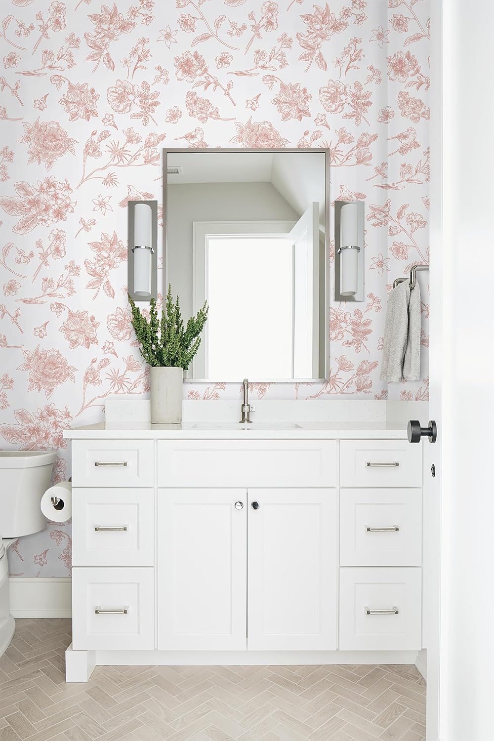 118"x17.3" Pink Floral Wallpaper Peel and Stick Wall Paper Removable Self Adhesive Wallpaper for Bedroom Bathroom Flowers Birds Contact Paper for Cabinets Walls Vinyl Rolls