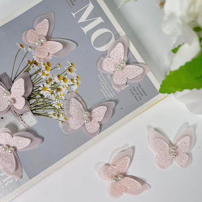 15pcs Pearl Organza Butterfly Embroidered Lace Trim,Double Layers Butterfly Wedding Appliques Sewing Lace for DIY Craft Wedding Bride Hair Dress Hat Accessories (Pink)
