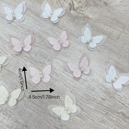 15pcs Pearl Organza Butterfly Embroidered Lace Trim,Double Layers Butterfly Wedding Appliques Sewing Lace for DIY Craft Wedding Bride Hair Dress Hat Accessories (Pink)