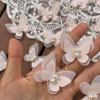 15pcs Pearl Organza Butterfly Embroidered Lace Trim,Double Layers Butterfly Wedding Appliques Sewing Lace for DIY Craft Wedding Bride Hair Dress Hat Accessories (Pink)