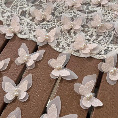 15pcs Pearl Organza Butterfly Embroidered Lace Trim,Double Layers Butterfly Wedding Appliques Sewing Lace for DIY Craft Wedding Bride Hair Dress Hat Accessories (Pink)