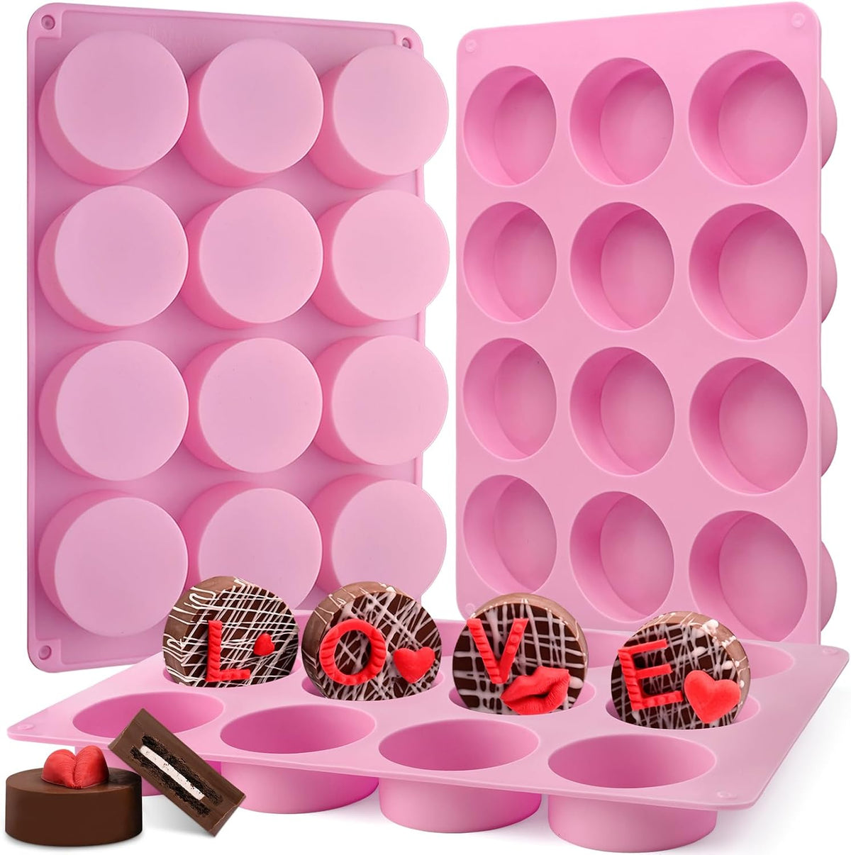 Round Chocolate Cookie Molds, 3 Pieces 12-Cavity Cylinder Chocolate Silicone Molds for Covered Cookie, Cookies Candy Jelly Mini Cakes and Muffin Baking(Pink)