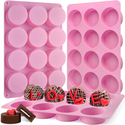 Round Chocolate Cookie Molds, 3 Pieces 12-Cavity Cylinder Chocolate Silicone Molds for Covered Cookie, Cookies Candy Jelly Mini Cakes and Muffin Baking(Pink)