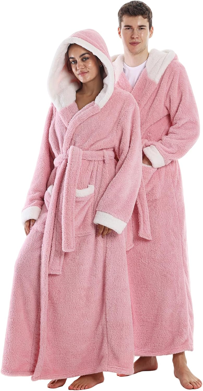 Capecage Men's Hooded Fleece Lounge Robe with Pockets and Belt, One Size,Plush flannel fleece,designed for bedtime lounging.