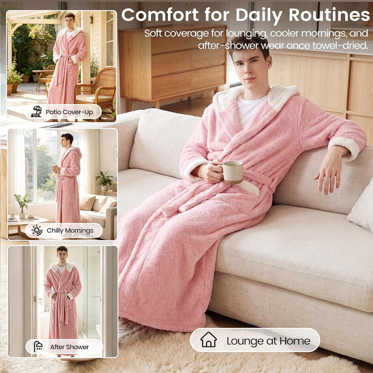Capecage Men's Hooded Fleece Lounge Robe with Pockets and Belt, One Size,Plush flannel fleece,designed for bedtime lounging.