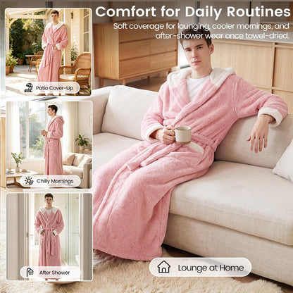 Capecage Men's Hooded Fleece Lounge Robe with Pockets and Belt, One Size,Plush flannel fleece,designed for bedtime lounging.
