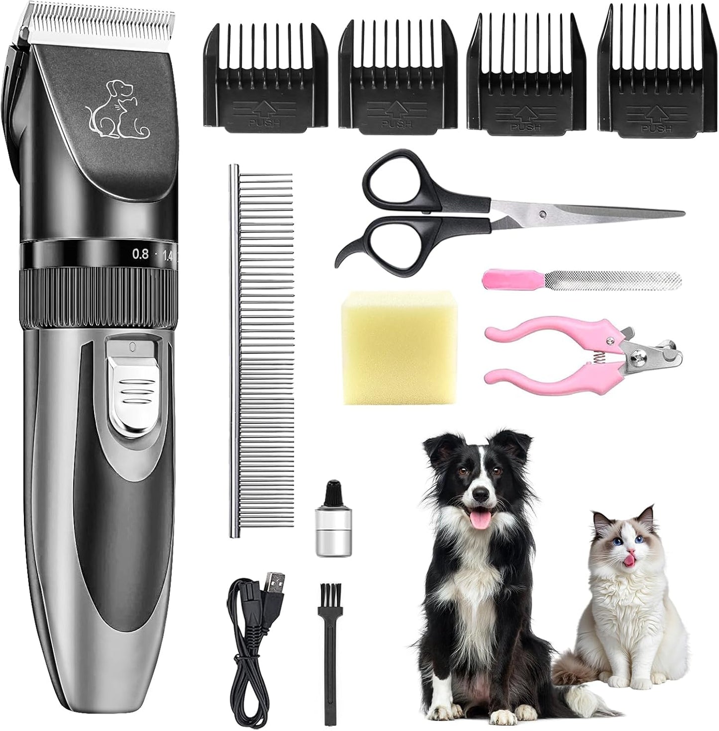 Professional Dog Clippers, Rechargeable Pet Grooming Kit, Cordless Hair Clippers with Powerful Motor for Dogs Cats, Stainless Steel Blade, Waterproof Pet Shaver for Thick Heavy Coats