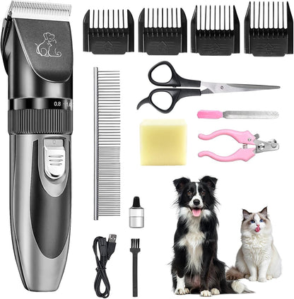 Professional Dog Clippers, Rechargeable Pet Grooming Kit, Cordless Hair Clippers with Powerful Motor for Dogs Cats, Stainless Steel Blade, Waterproof Pet Shaver for Thick Heavy Coats