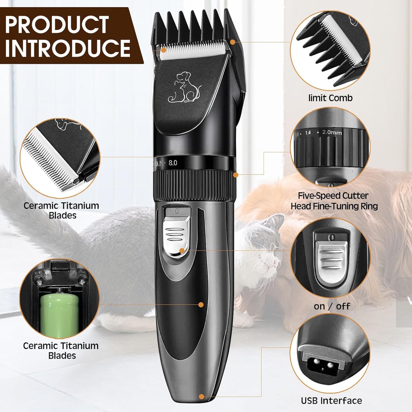 Professional Dog Clippers, Rechargeable Pet Grooming Kit, Cordless Hair Clippers with Powerful Motor for Dogs Cats, Stainless Steel Blade, Waterproof Pet Shaver for Thick Heavy Coats