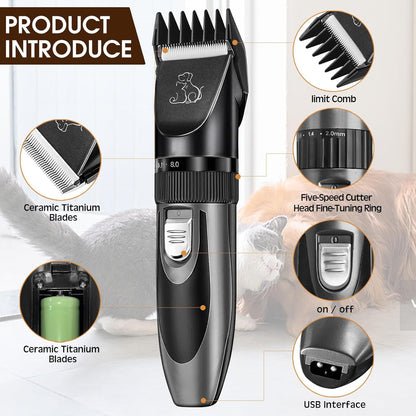 Professional Dog Clippers, Rechargeable Pet Grooming Kit, Cordless Hair Clippers with Powerful Motor for Dogs Cats, Stainless Steel Blade, Waterproof Pet Shaver for Thick Heavy Coats