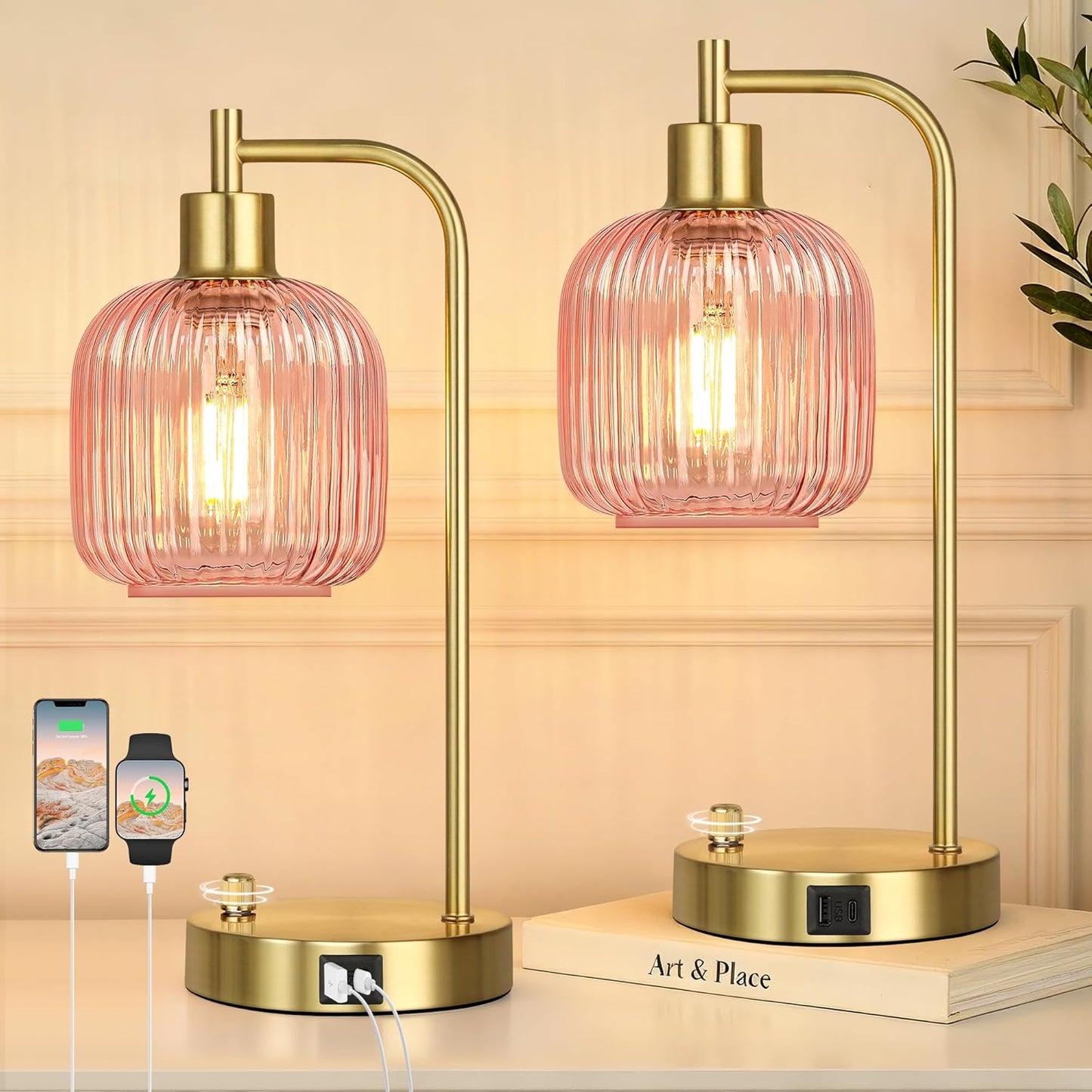 Industrial Table Lamp for Bedroom Set of 2, Pink Glass Beside Lamp with USB A&C Ports, Stepless Dimmable Gold Lamps, Nightstand Lamps for Living Room, Office, Home Decor(Bulb Included)