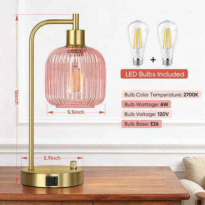 Industrial Table Lamp for Bedroom Set of 2, Pink Glass Beside Lamp with USB A&C Ports, Stepless Dimmable Gold Lamps, Nightstand Lamps for Living Room, Office, Home Decor(Bulb Included)
