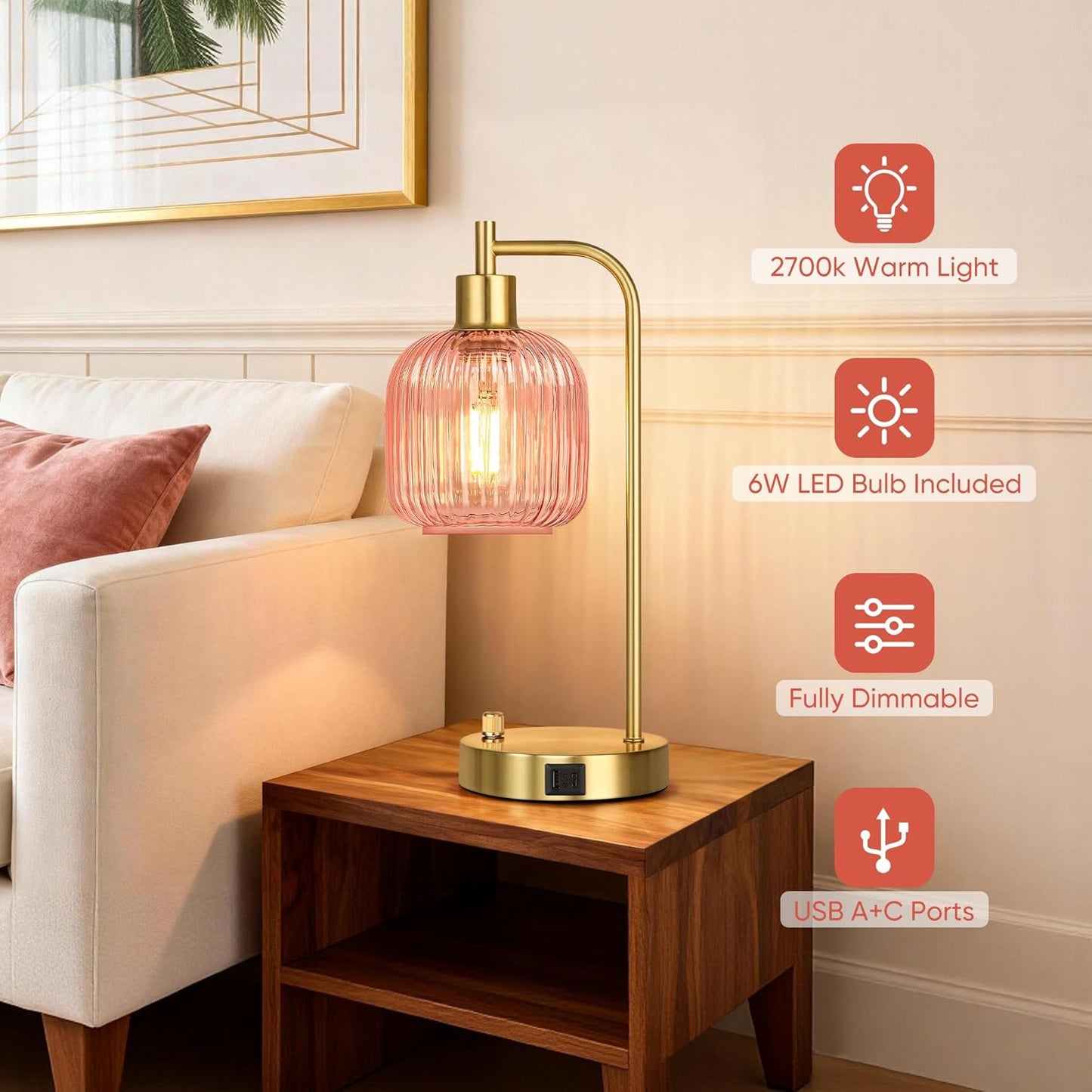 Industrial Table Lamp for Bedroom Set of 2, Pink Glass Beside Lamp with USB A&C Ports, Stepless Dimmable Gold Lamps, Nightstand Lamps for Living Room, Office, Home Decor(Bulb Included)