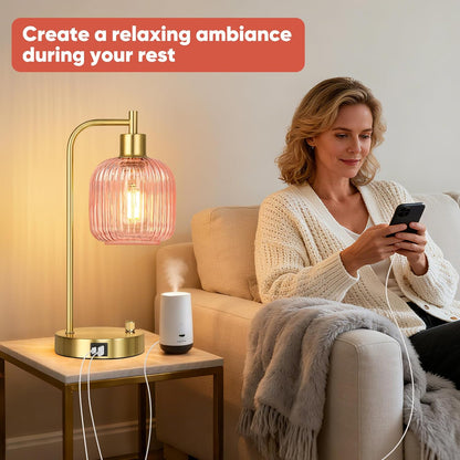 Industrial Table Lamp for Bedroom Set of 2, Pink Glass Beside Lamp with USB A&C Ports, Stepless Dimmable Gold Lamps, Nightstand Lamps for Living Room, Office, Home Decor(Bulb Included)