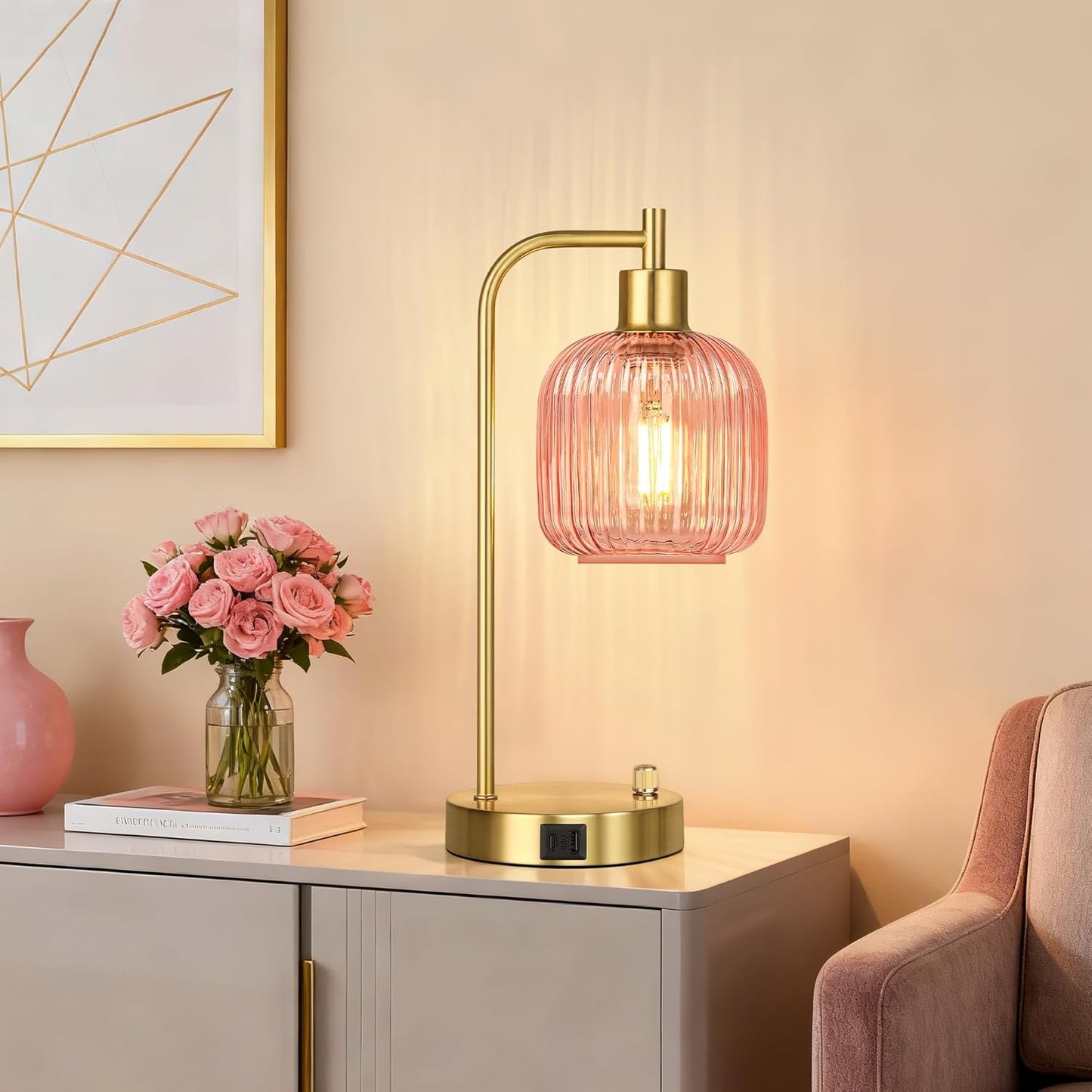 Industrial Table Lamp for Bedroom Set of 2, Pink Glass Beside Lamp with USB A&C Ports, Stepless Dimmable Gold Lamps, Nightstand Lamps for Living Room, Office, Home Decor(Bulb Included)