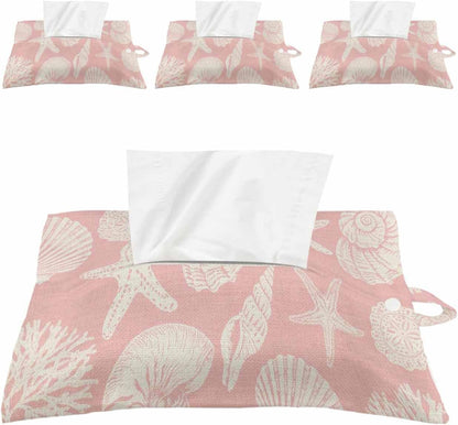 Tissues Box Cover Shell Starfish Tissue Holder with Hanging Linen Organizer Dispenser Peach Pink Coastal Coral Conch Tissues Box Covers Rectangle for Bathroom Toilet Car Kitchen Tabletop Decor 4 PCS