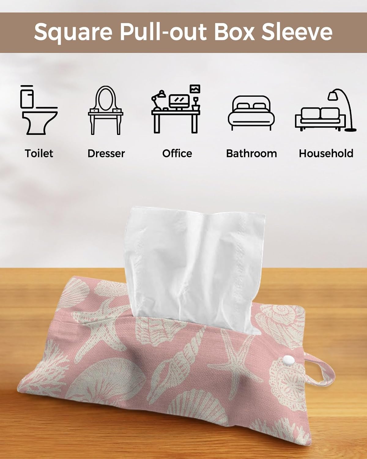 Tissues Box Cover Shell Starfish Tissue Holder with Hanging Linen Organizer Dispenser Peach Pink Coastal Coral Conch Tissues Box Covers Rectangle for Bathroom Toilet Car Kitchen Tabletop Decor 4 PCS