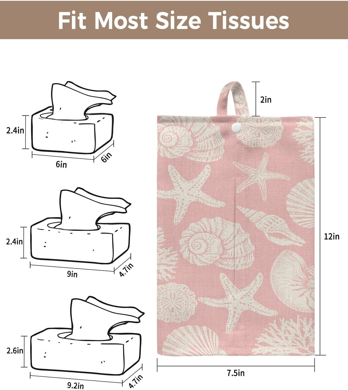 Tissues Box Cover Shell Starfish Tissue Holder with Hanging Linen Organizer Dispenser Peach Pink Coastal Coral Conch Tissues Box Covers Rectangle for Bathroom Toilet Car Kitchen Tabletop Decor 4 PCS