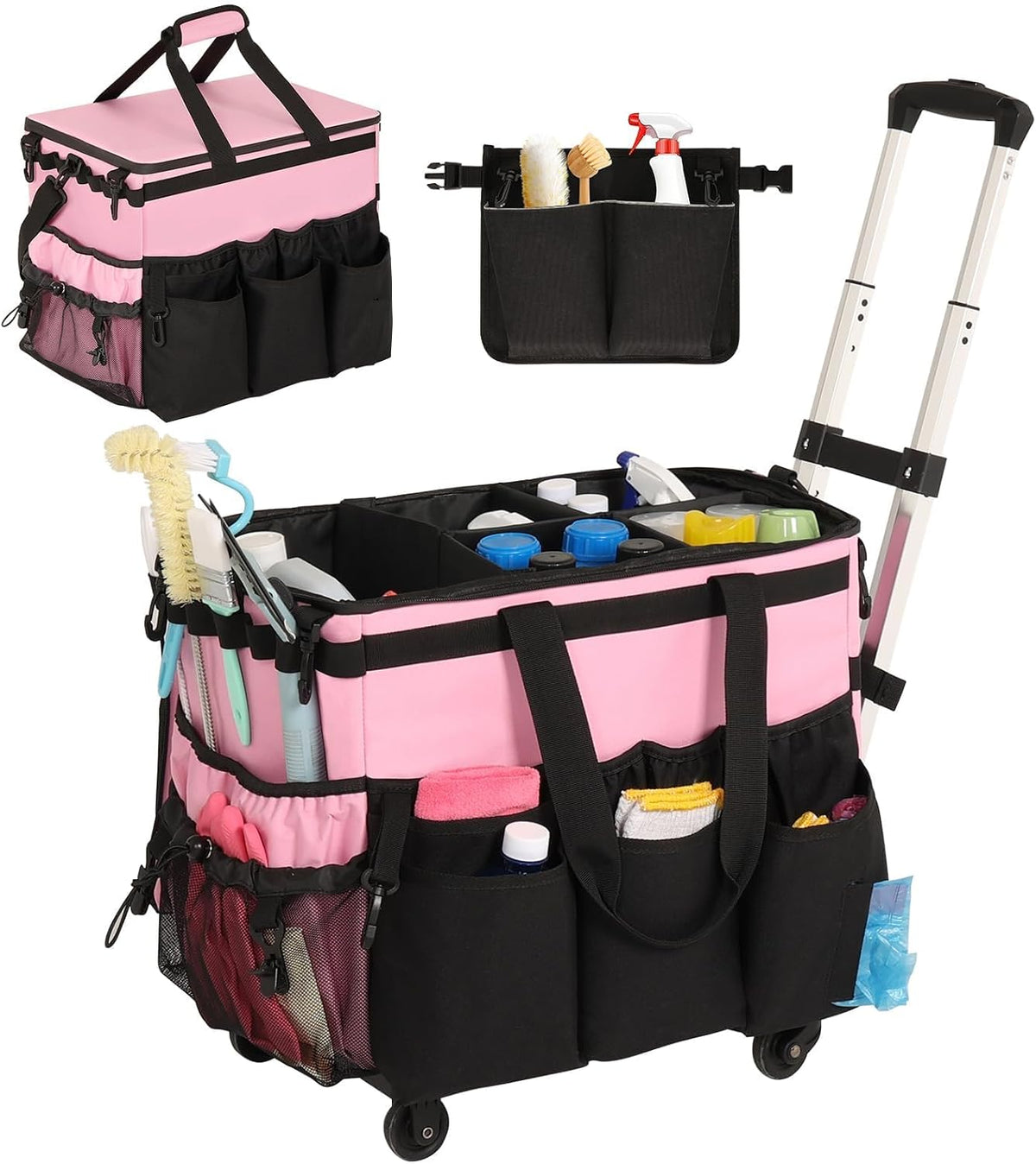 Large Rolling Cleaning Caddy with Cleaning Caddy Apron, Pink