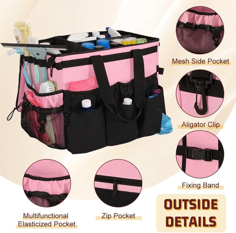 Large Rolling Cleaning Caddy with Cleaning Caddy Apron, Pink