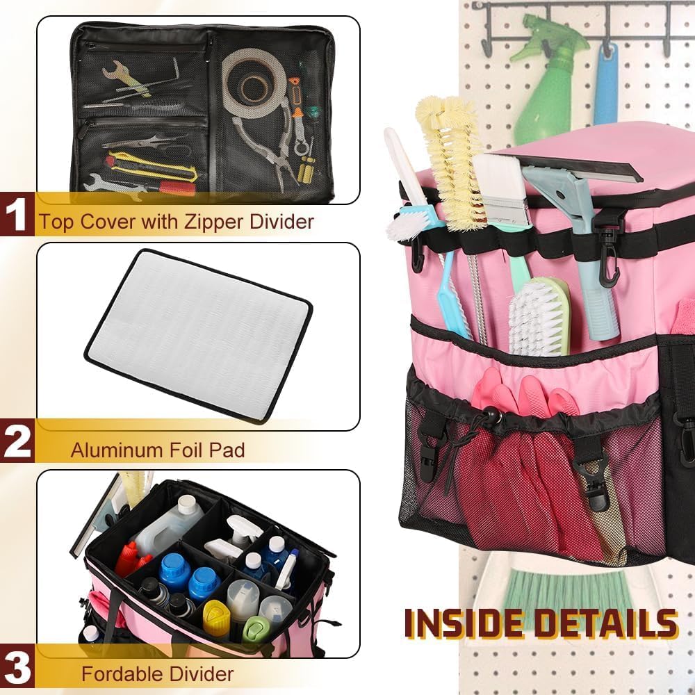 Large Rolling Cleaning Caddy with Cleaning Caddy Apron, Pink