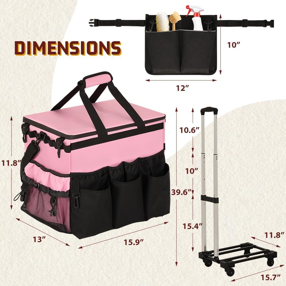 Large Rolling Cleaning Caddy with Cleaning Caddy Apron, Pink