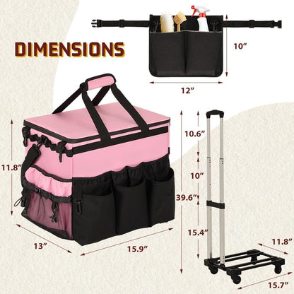 Large Rolling Cleaning Caddy with Cleaning Caddy Apron, Pink
