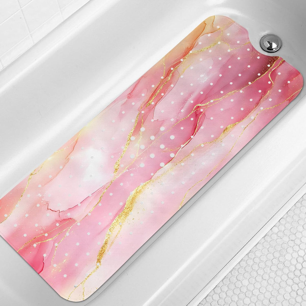 Marble Bath Tub Mat Non Slip, Extra Long 40 X 16 Inch Anti Slip Mat for Bathtub, Pink Gold Marble Shower Mat with Drain Holes and Suction Cups, Machine Washable