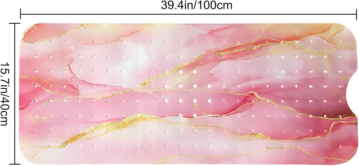 Marble Bath Tub Mat Non Slip, Extra Long 40 X 16 Inch Anti Slip Mat for Bathtub, Pink Gold Marble Shower Mat with Drain Holes and Suction Cups, Machine Washable