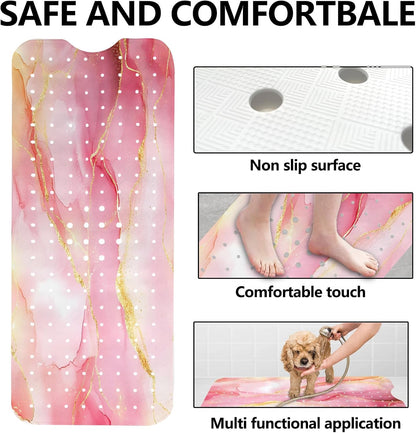 Marble Bath Tub Mat Non Slip, Extra Long 40 X 16 Inch Anti Slip Mat for Bathtub, Pink Gold Marble Shower Mat with Drain Holes and Suction Cups, Machine Washable