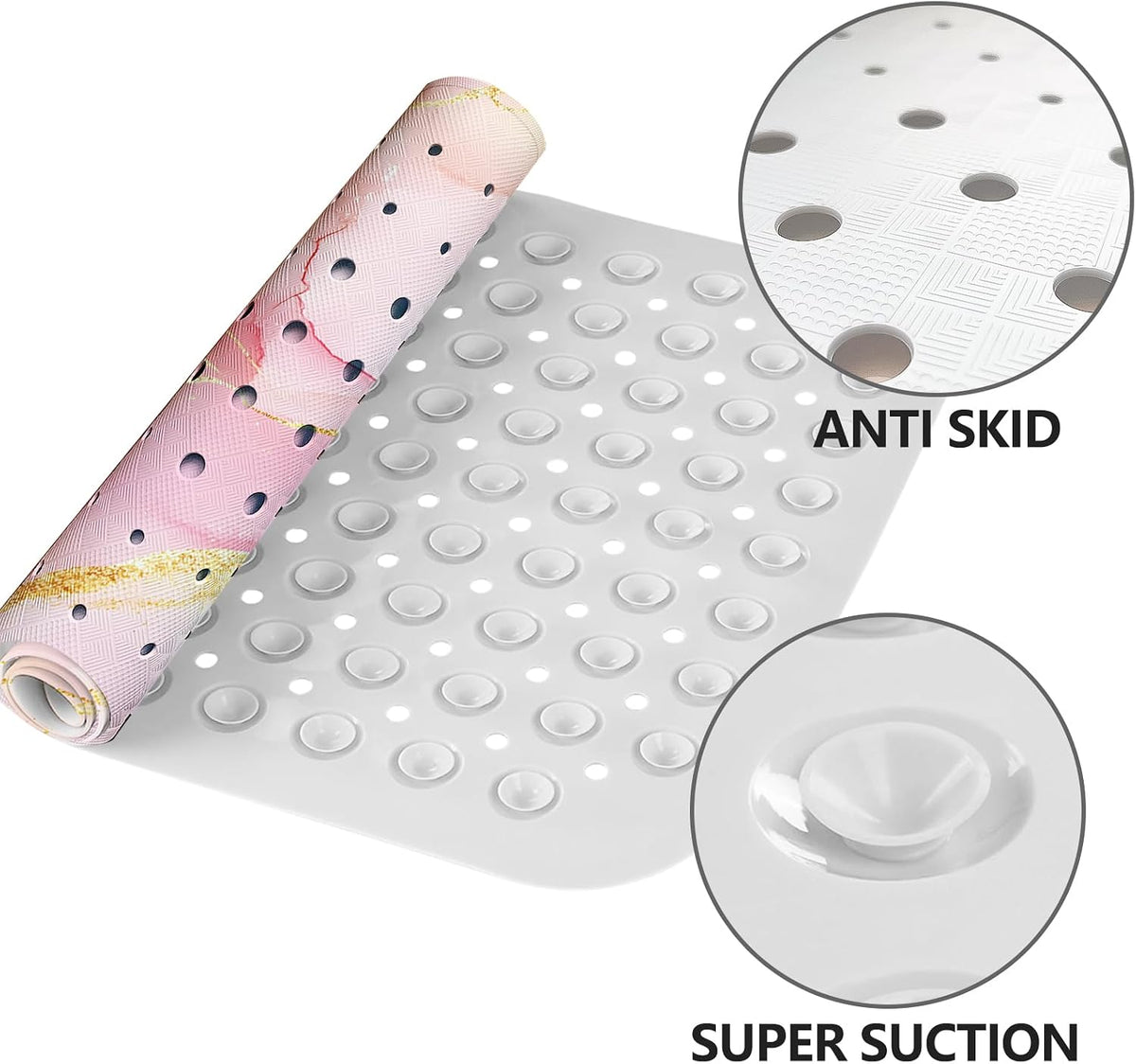 Marble Bath Tub Mat Non Slip, Extra Long 40 X 16 Inch Anti Slip Mat for Bathtub, Pink Gold Marble Shower Mat with Drain Holes and Suction Cups, Machine Washable