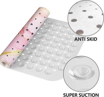 Marble Bath Tub Mat Non Slip, Extra Long 40 X 16 Inch Anti Slip Mat for Bathtub, Pink Gold Marble Shower Mat with Drain Holes and Suction Cups, Machine Washable