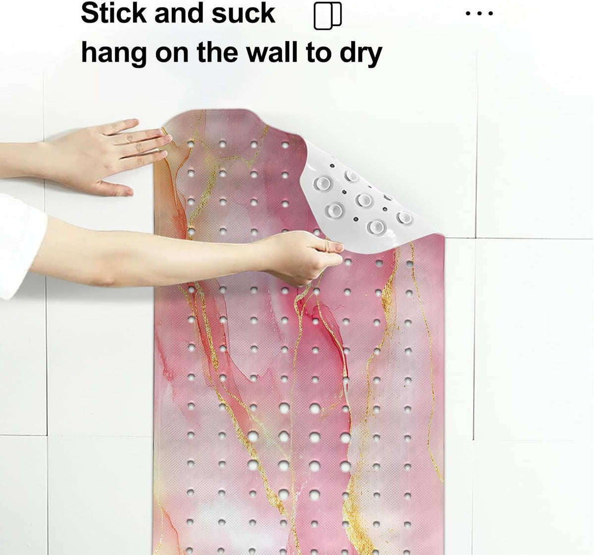 Marble Bath Tub Mat Non Slip, Extra Long 40 X 16 Inch Anti Slip Mat for Bathtub, Pink Gold Marble Shower Mat with Drain Holes and Suction Cups, Machine Washable