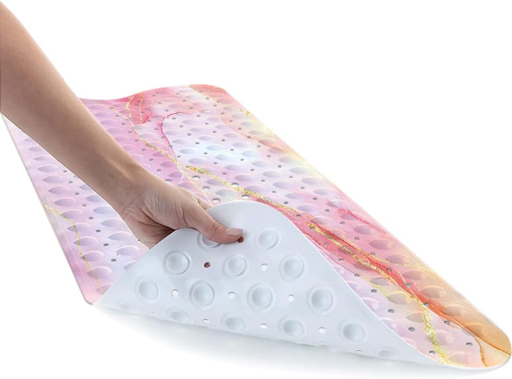 Marble Bath Tub Mat Non Slip, Extra Long 40 X 16 Inch Anti Slip Mat for Bathtub, Pink Gold Marble Shower Mat with Drain Holes and Suction Cups, Machine Washable