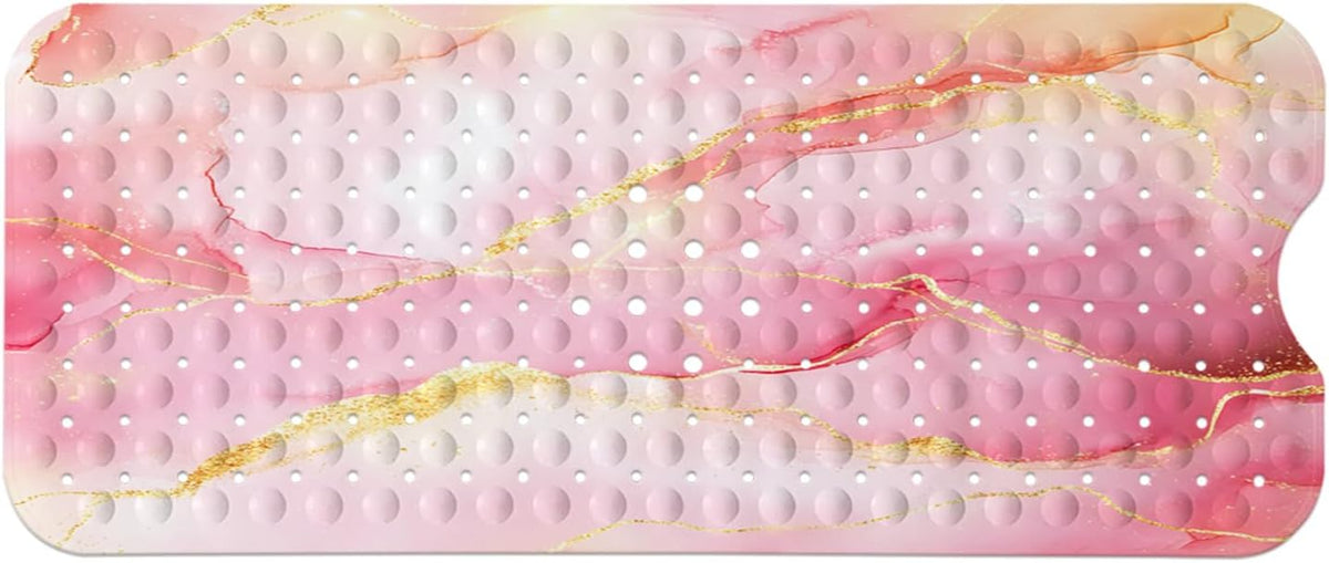 Marble Bath Tub Mat Non Slip, Extra Long 40 X 16 Inch Anti Slip Mat for Bathtub, Pink Gold Marble Shower Mat with Drain Holes and Suction Cups, Machine Washable