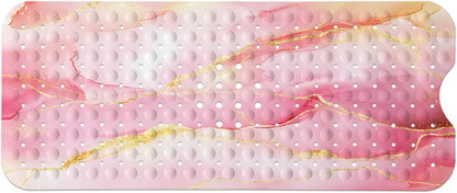 Marble Bath Tub Mat Non Slip, Extra Long 40 X 16 Inch Anti Slip Mat for Bathtub, Pink Gold Marble Shower Mat with Drain Holes and Suction Cups, Machine Washable