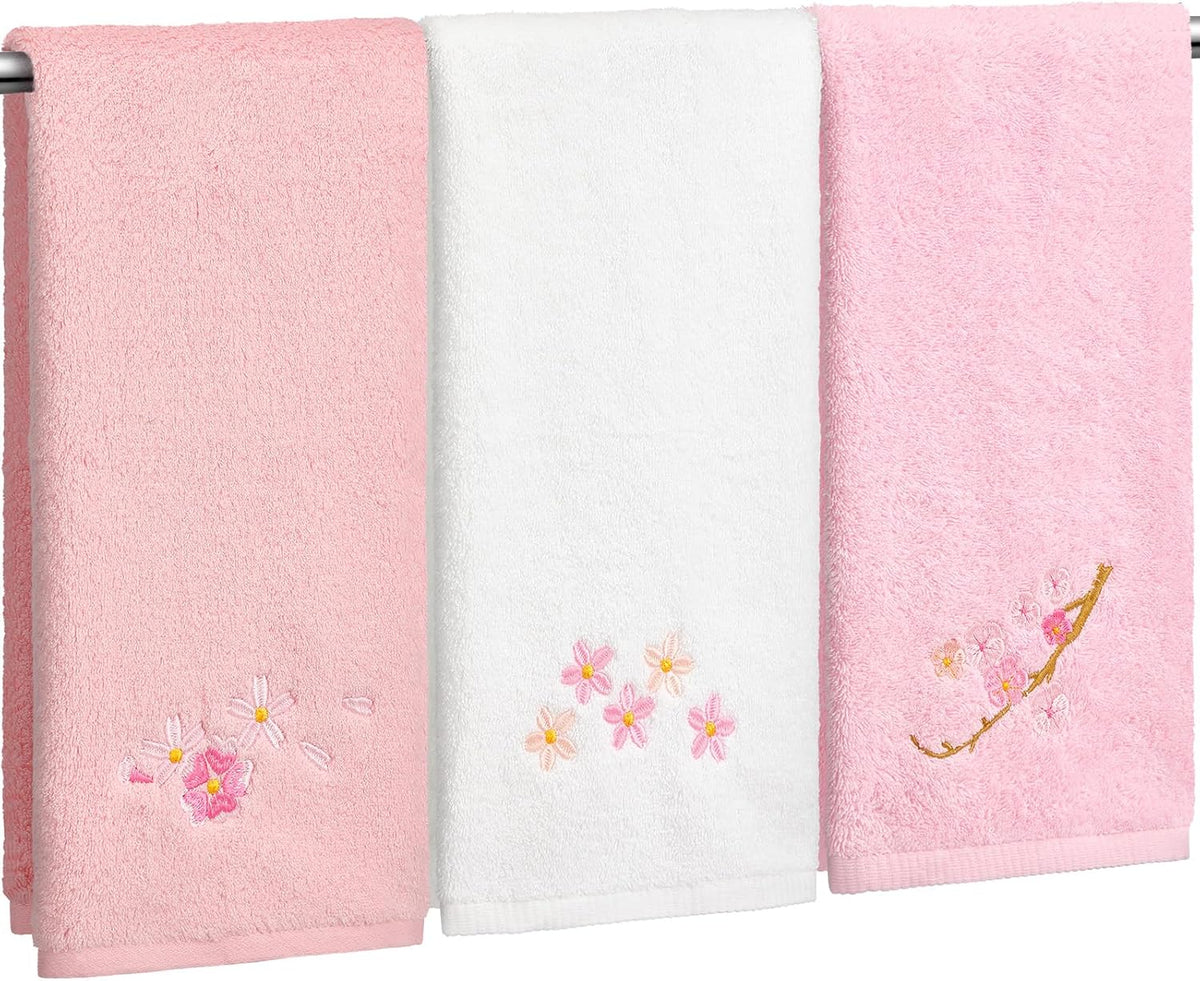 3 Pcs Floral Hand Towels Set 100% Cotton White Pink Cherry Blossom Towel Sakura Embroidered Decorative Spring Summer Soft Absorbent Bath Towels Housewarming Gifts for Spa Guest Kitchen Bathroom